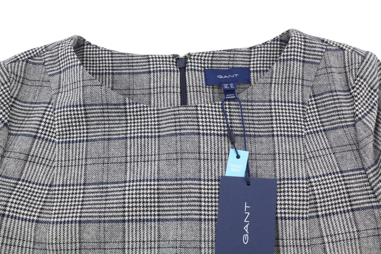 GANT Checked Flare Women Dress EU38 Grey 3/4 Sleeve Round Neck Plaid Print Mini