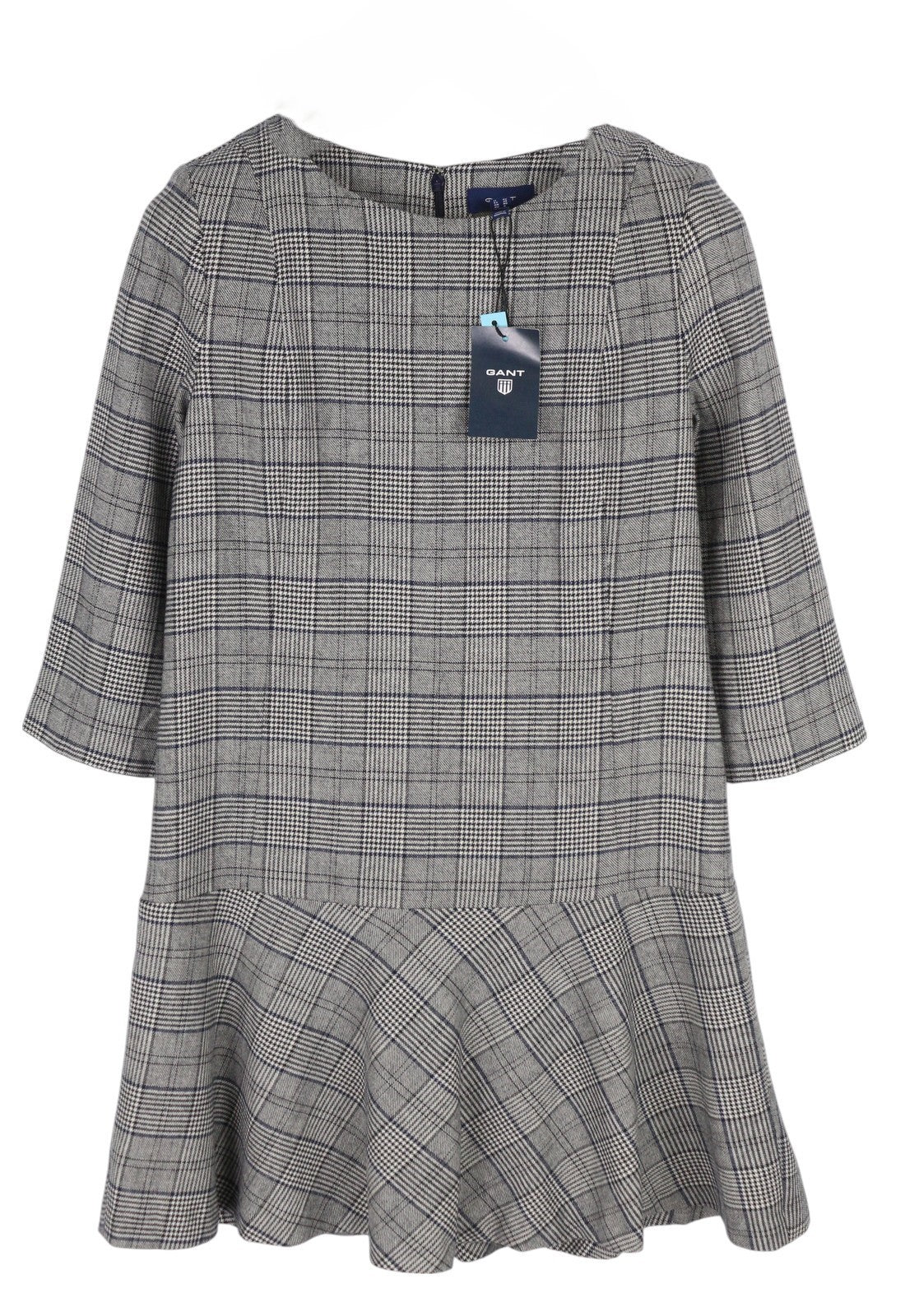 GANT Checked Flare Women Dress EU36 Grey 3/4 Sleeved Round Neck Plaid Print Mini