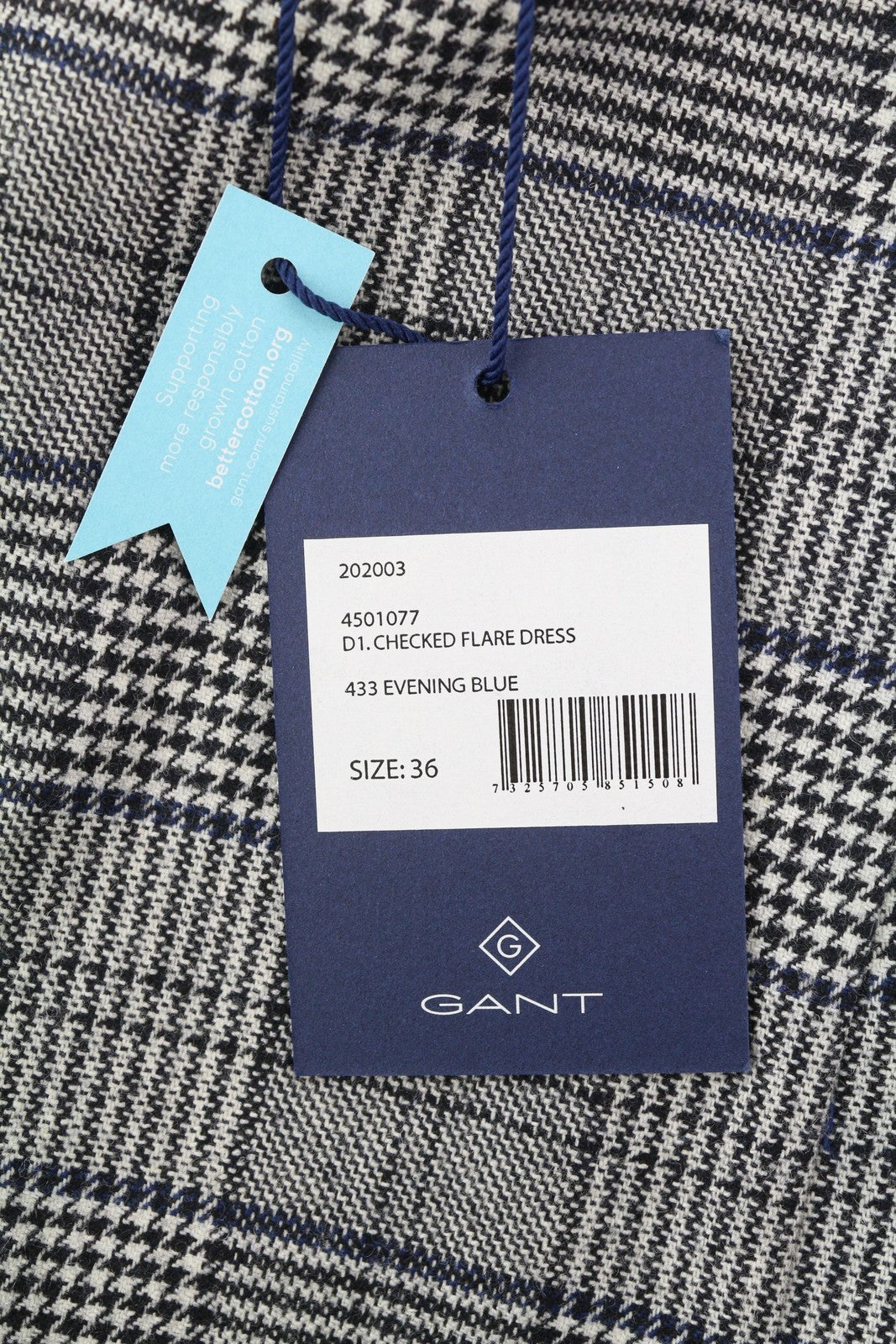 GANT Checked Flare Women Dress EU36 Grey 3/4 Sleeve Round Neck Plaid Print Mini