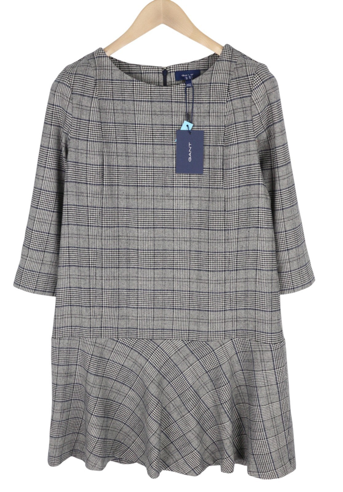 GANT Checked Flare Women Dress EU38 Grey 3/4 Sleeved Round Neck Plaid Print Mini