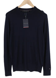 TOMMY HILFIGER Luxury Wool Silk Men Jumper M Dark Blue Pullover Crew Neck Knit