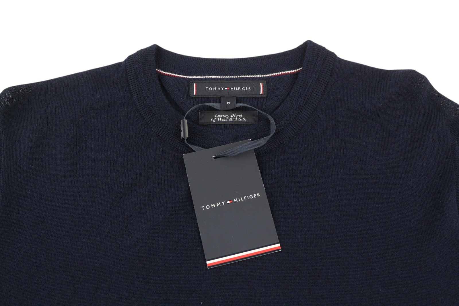 TOMMY HILFIGER Luxury Wool Silk Men Jumper M Dark Blue Pullover Crew Neck Knit