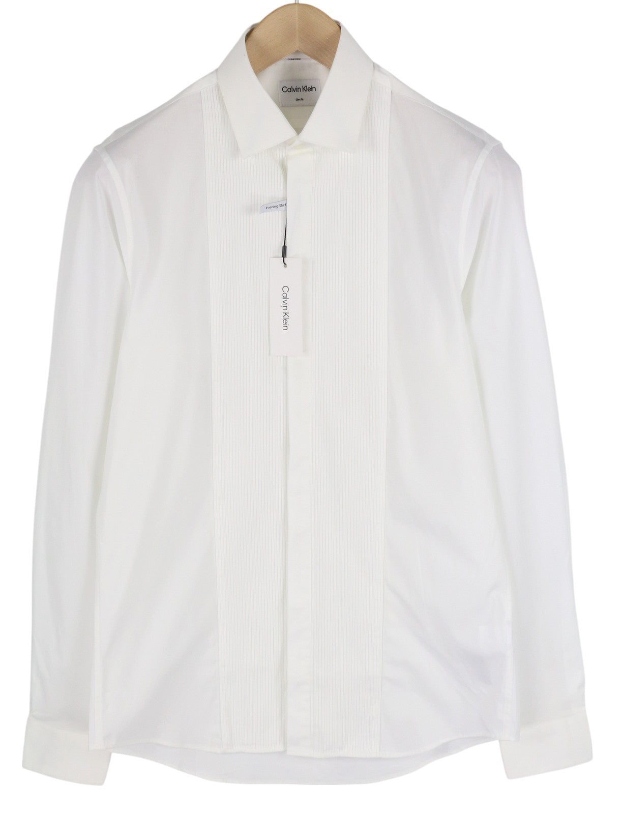 CALVIN KLEIN Evening Tuxedo Slim Men Formal Shirt 38 M White Pleated Button-Up