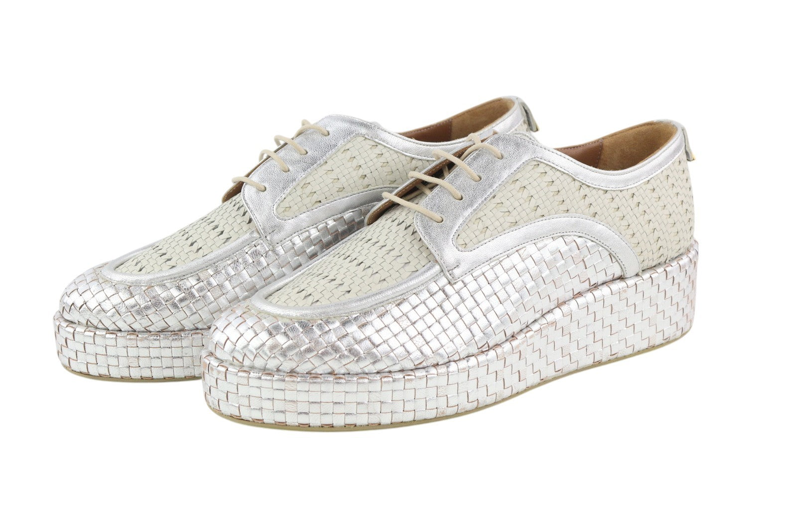 EMPORIO ARMANI X3C140 Women Shoes EU37 Shiny Silver Braded Platform Lace Up