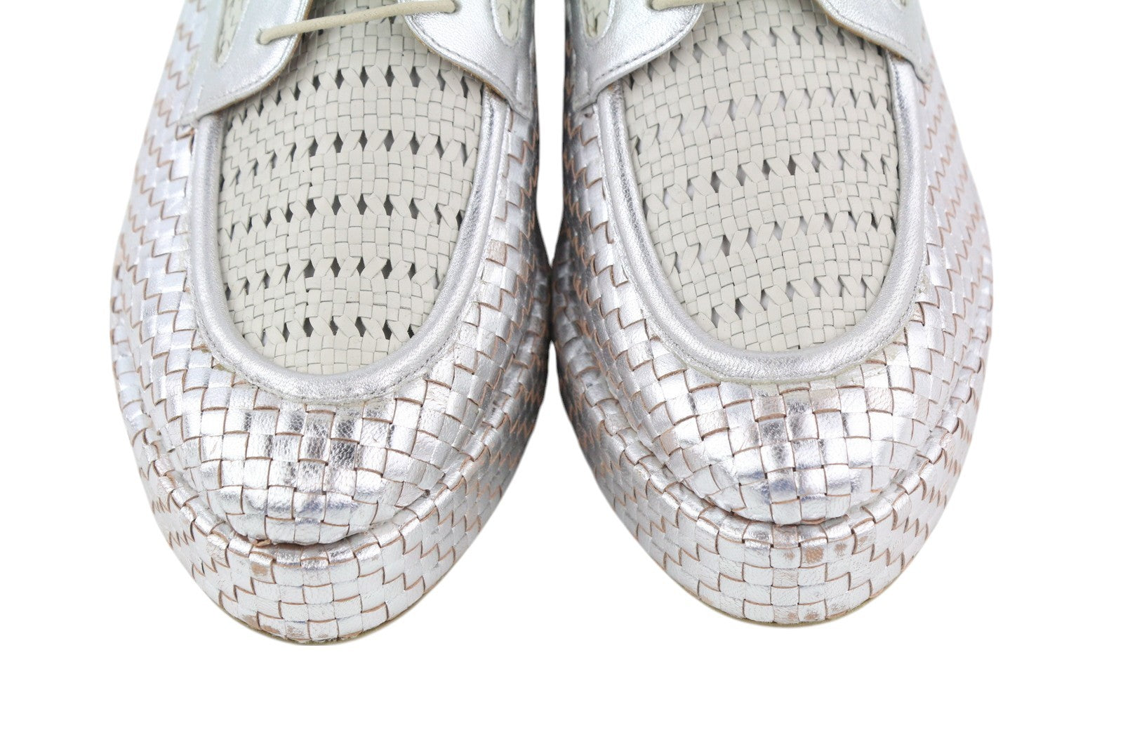 EMPORIO ARMANI X3C140 Women Shoes EU37 Shiny Silver Braded Platform Lace Up
