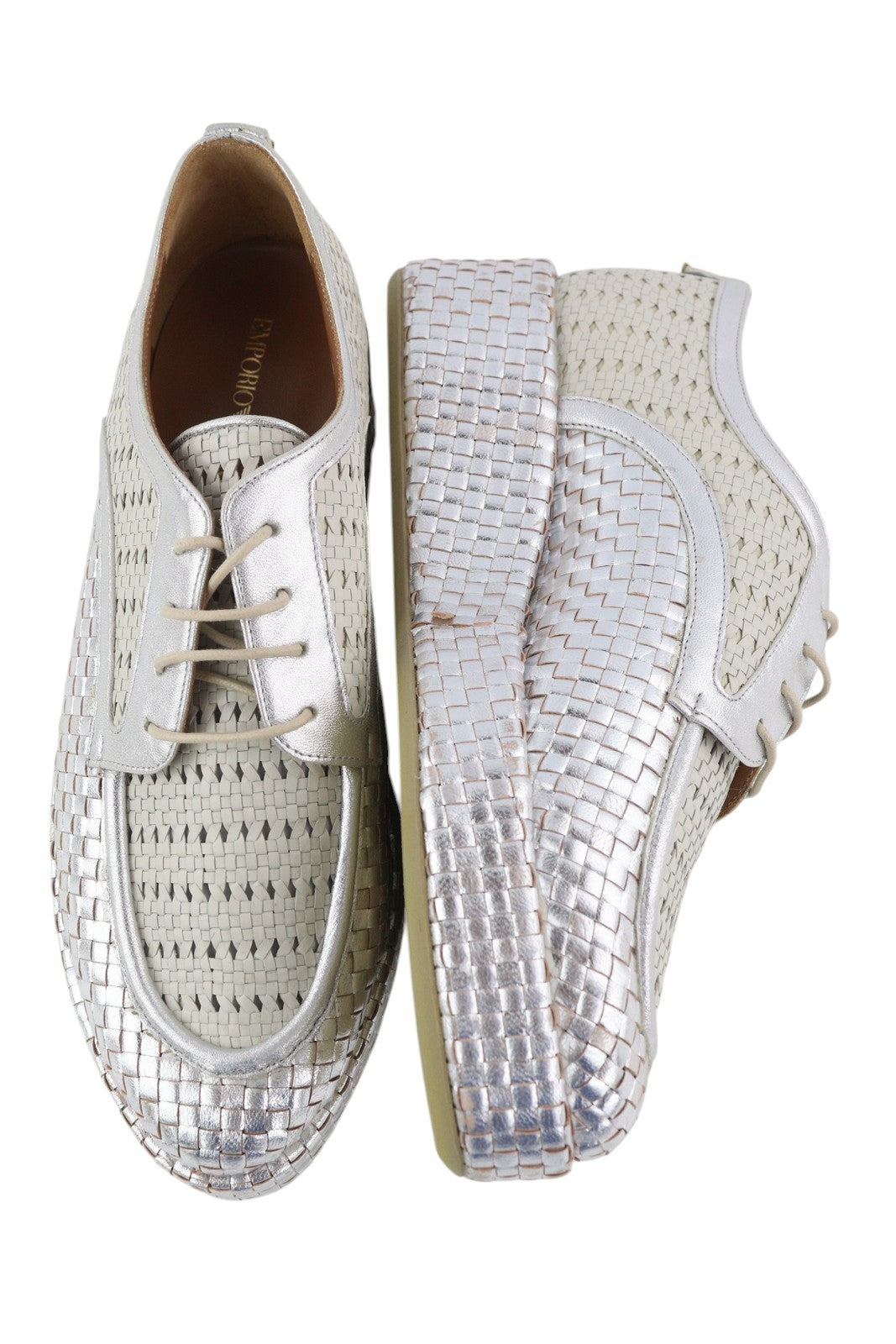 EMPORIO ARMANI X3C140 Women Shoes EU37 Shiny Silver Braded Platform Lace Up