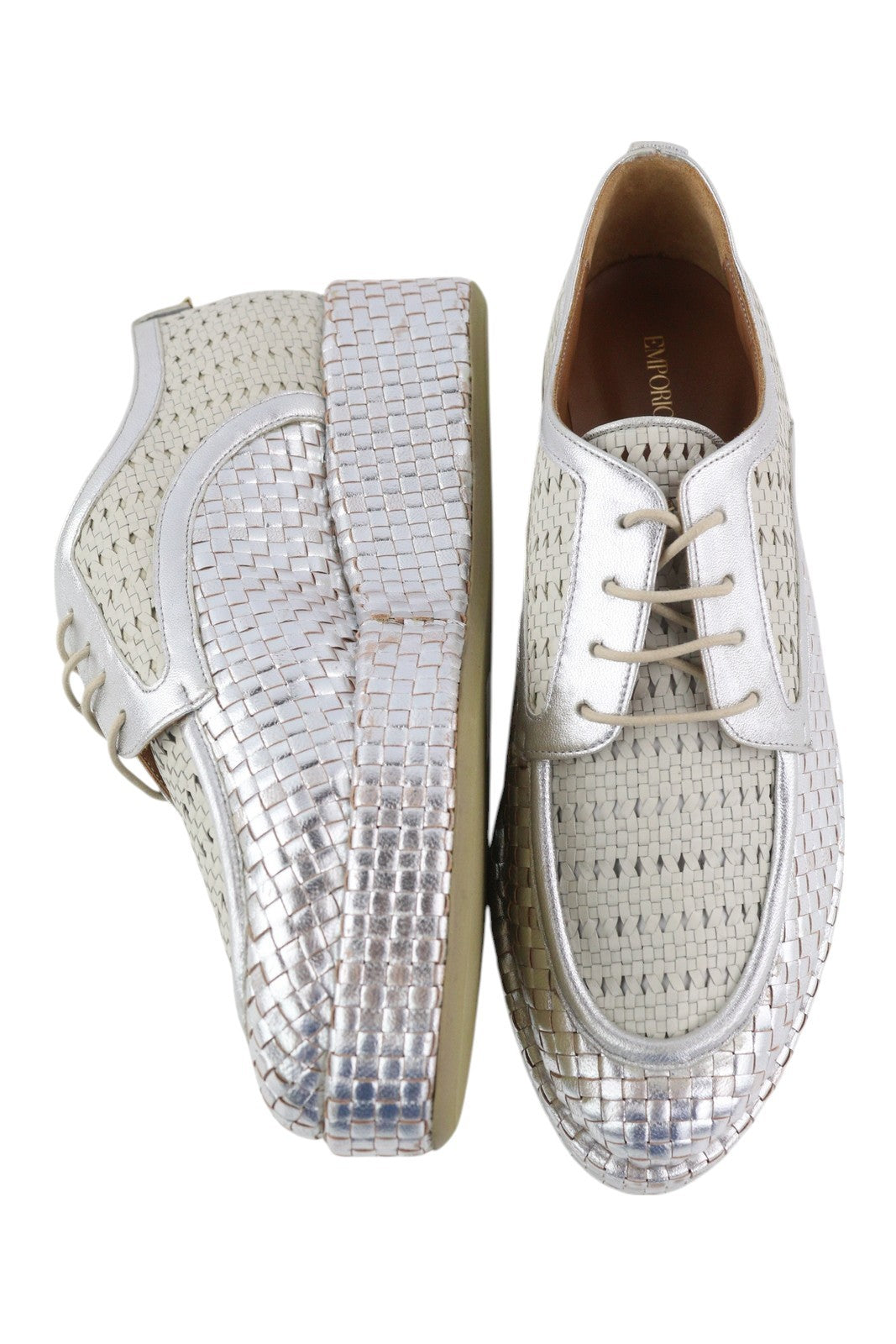 EMPORIO ARMANI X3C140 Women Shoes EU37 Shiny Silver Braded Platform Lace Up