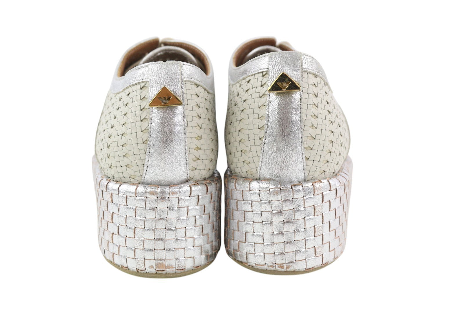 EMPORIO ARMANI X3C140 Women Shoes EU37 Shiny Silver Braded Platform Lace Up