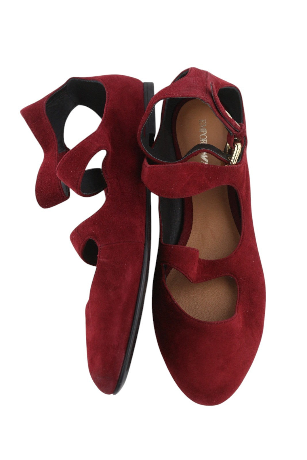 EMPORIO ARMANI X3D226 Women Flats EU37 Burgundy Suede Leather Buckle Ballerina