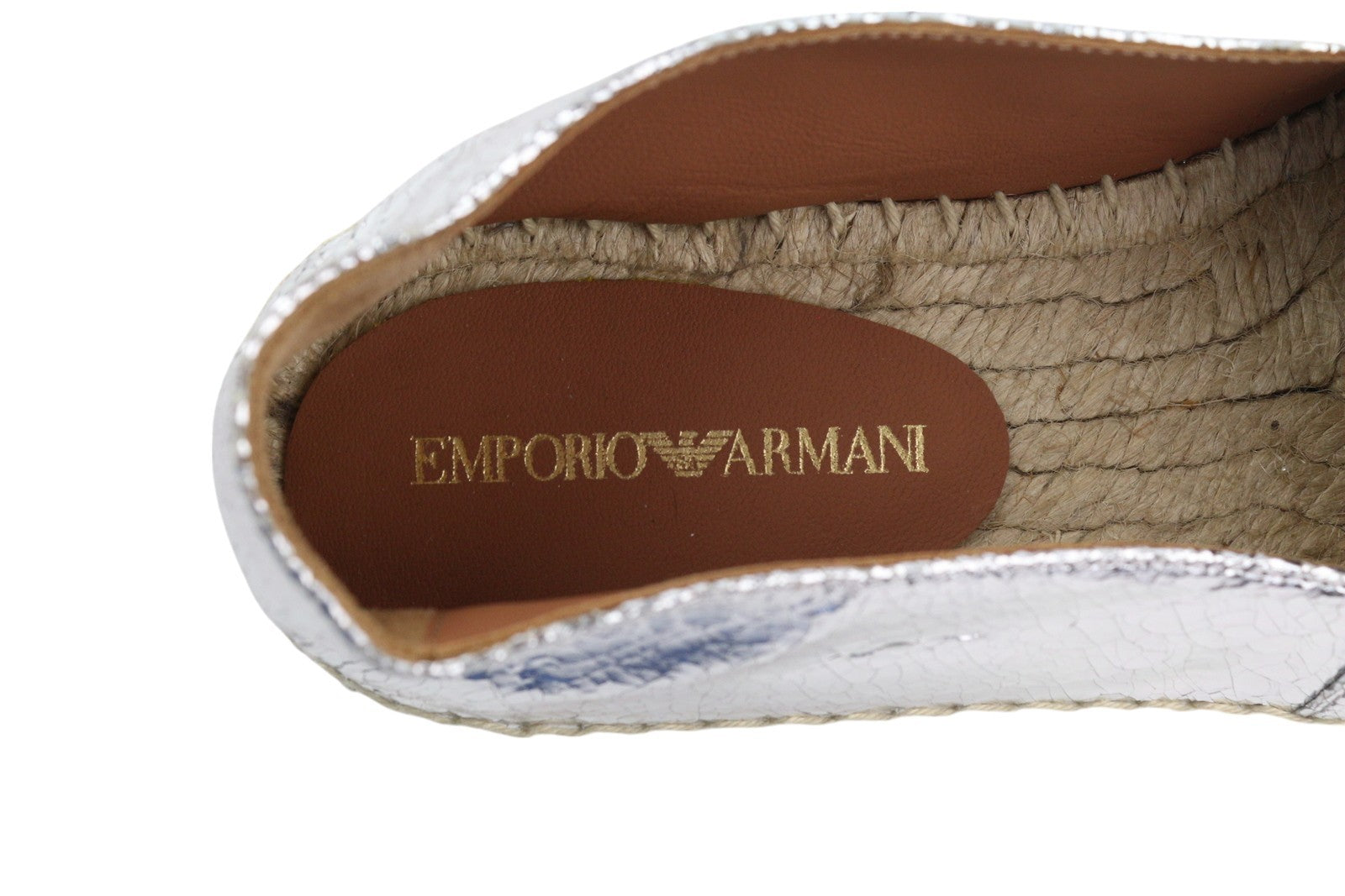 EMPORIO ARMANI Women Flats EU37 Leather Shiny Silver Espadrilles Slip RRP€212