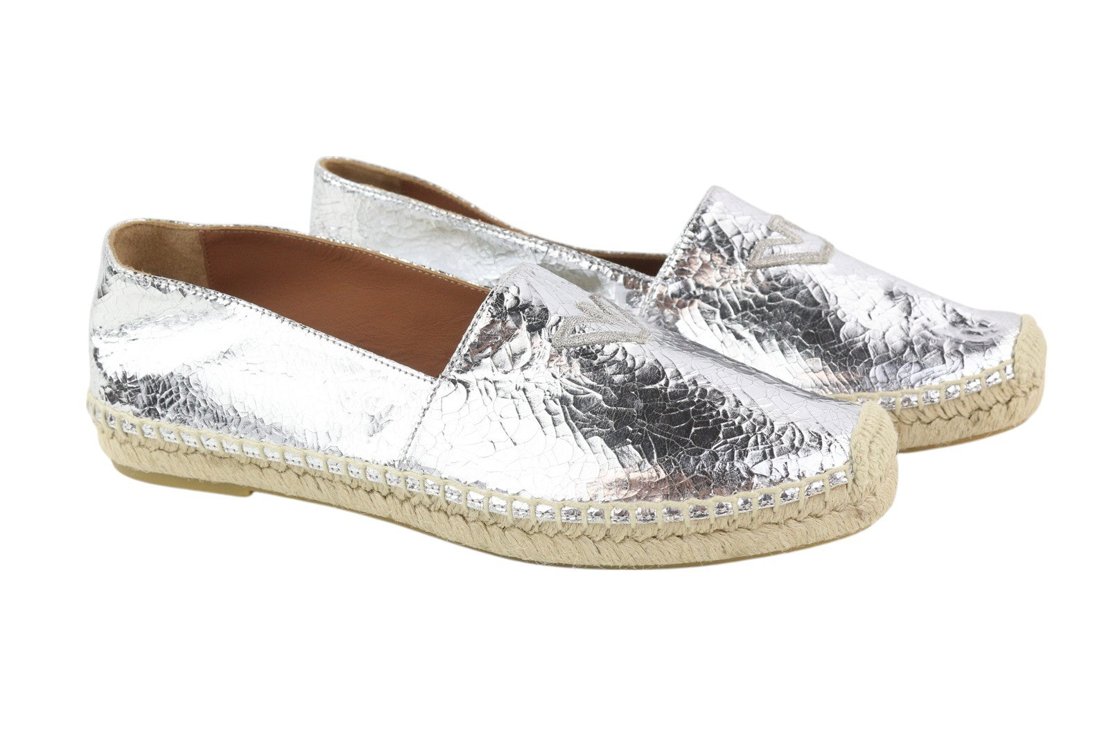 EMPORIO ARMANI Women Flats EU37 Leather Shiny Silver Espadrilles Slip RRP€212