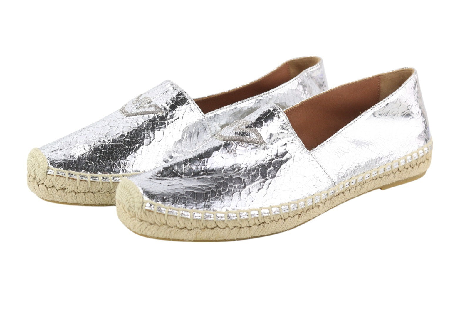 EMPORIO ARMANI Women Flats EU37 Leather Shiny Silver Espadrilles Slip RRP€212