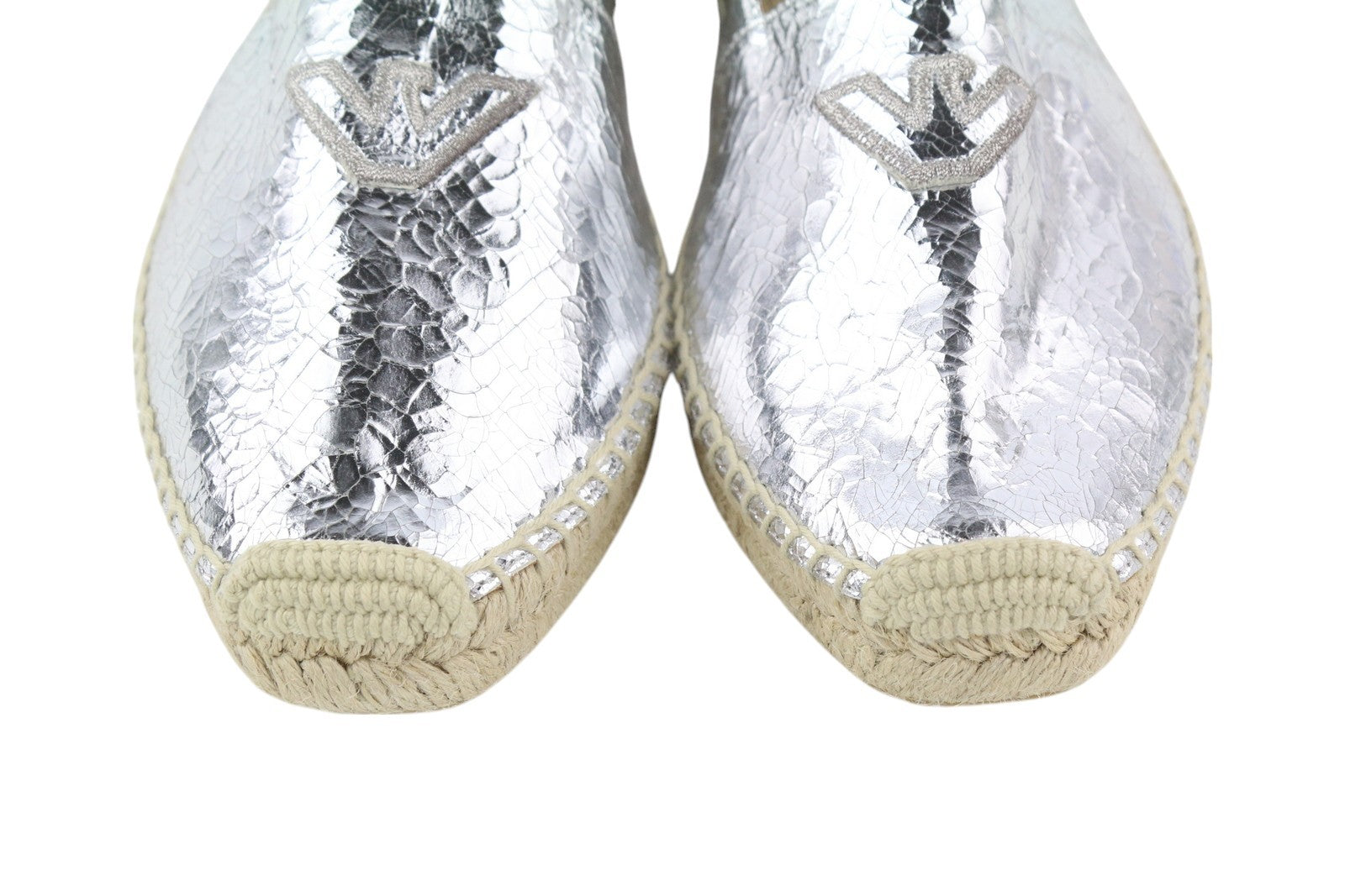 EMPORIO ARMANI Women Flats EU37 Leather Shiny Silver Espadrilles Slip RRP€212