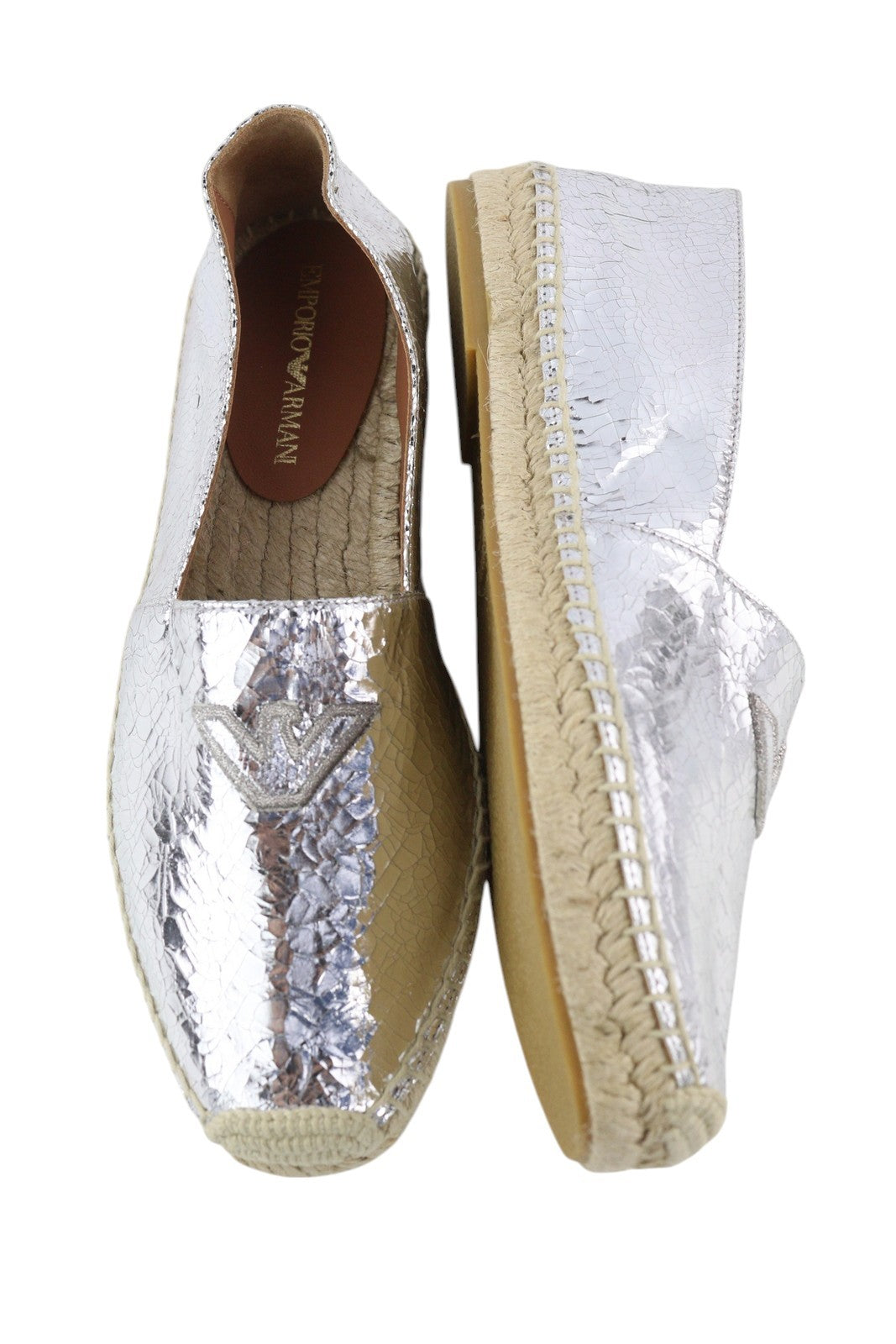 EMPORIO ARMANI Women Flats EU37 Leather Shiny Silver Espadrilles Slip RRP€212
