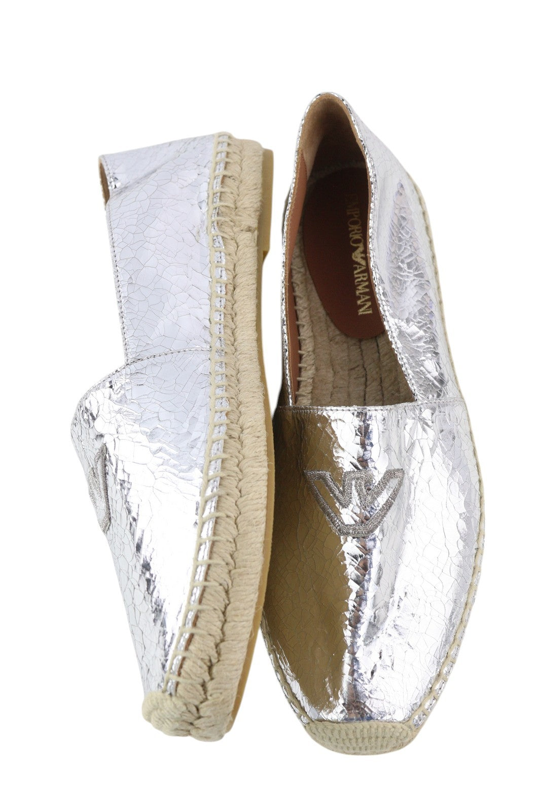 EMPORIO ARMANI Women Flats EU37 Leather Shiny Silver Espadrilles Slip RRP€212