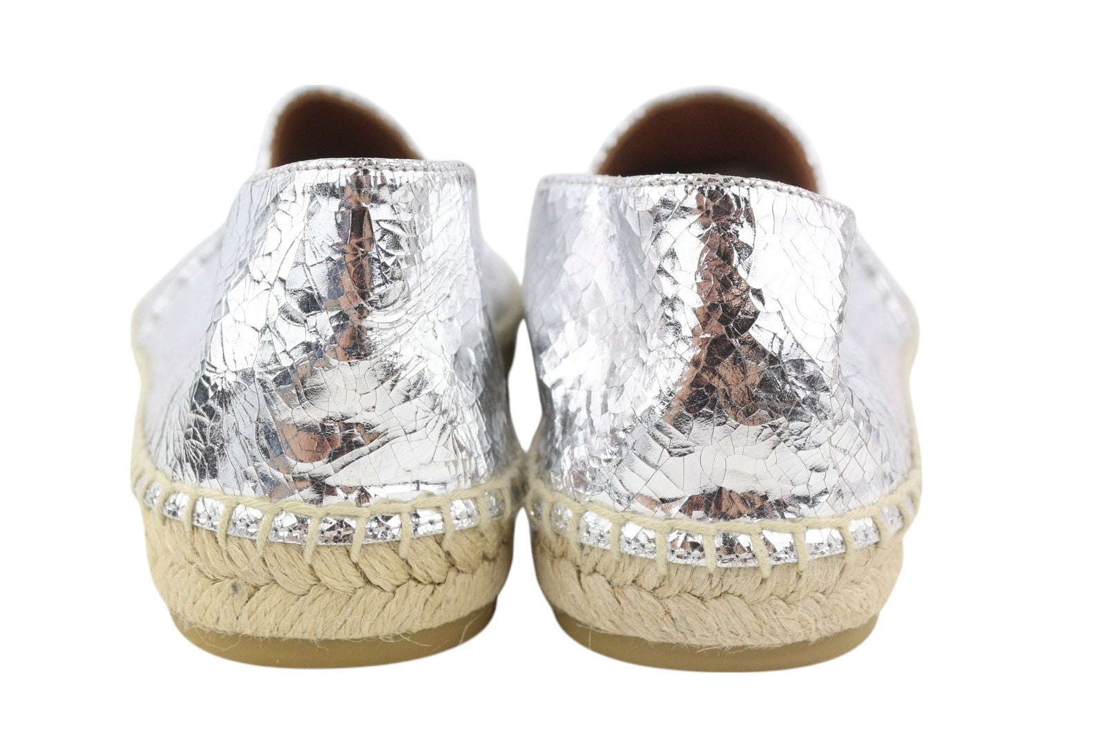 EMPORIO ARMANI Women Flats EU37 Leather Shiny Silver Espadrilles Slip RRP€212