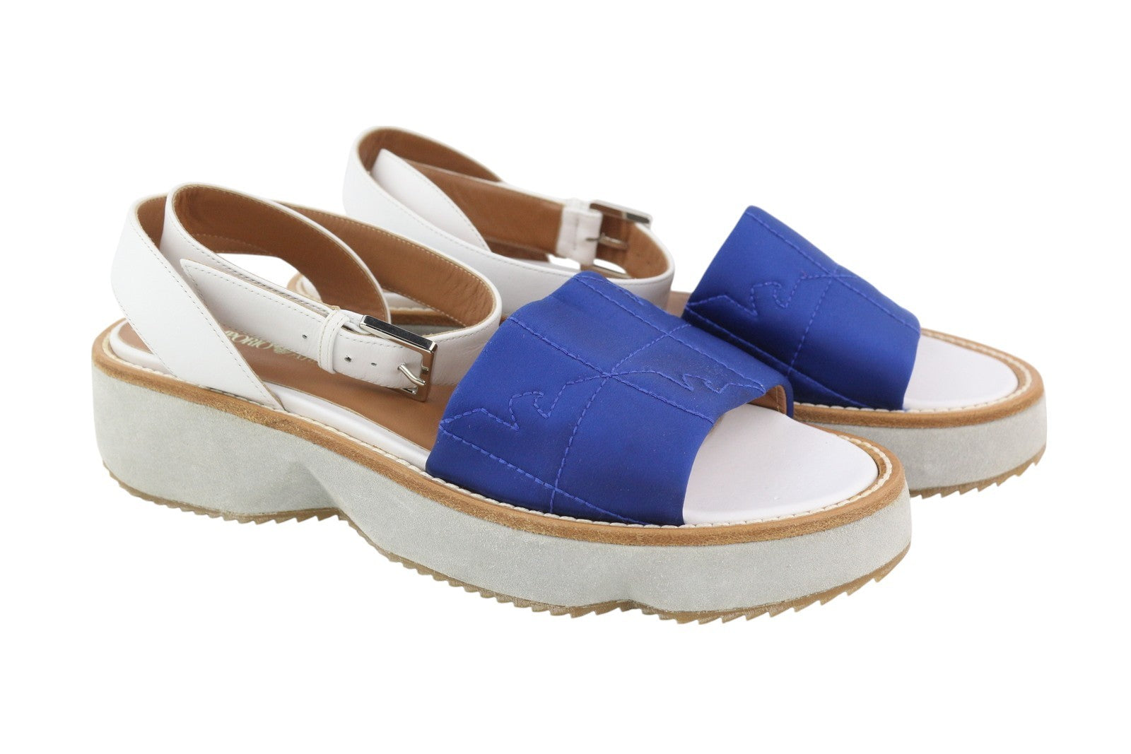 EMPORIO ARMANI X3U092 Women Sandals EU37 Blue White Platform Open Toe Flats
