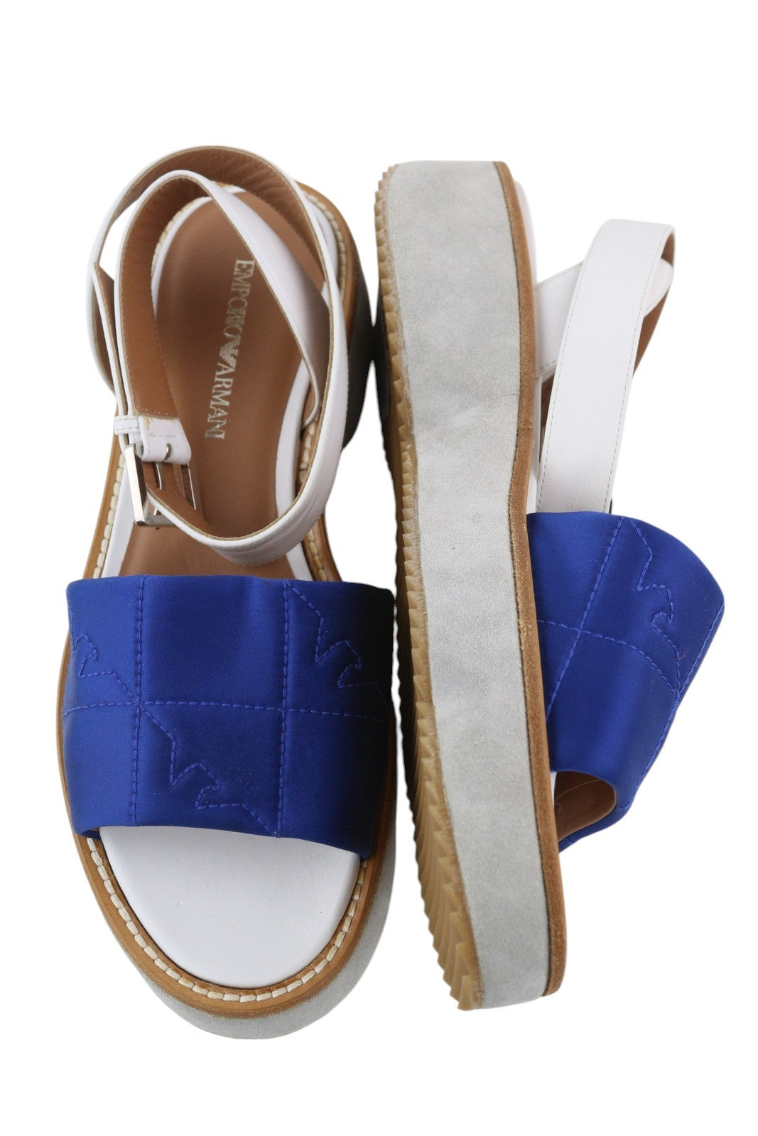 EMPORIO ARMANI X3U092 Women Sandals EU37 Blue White Platform Open Toe Flats