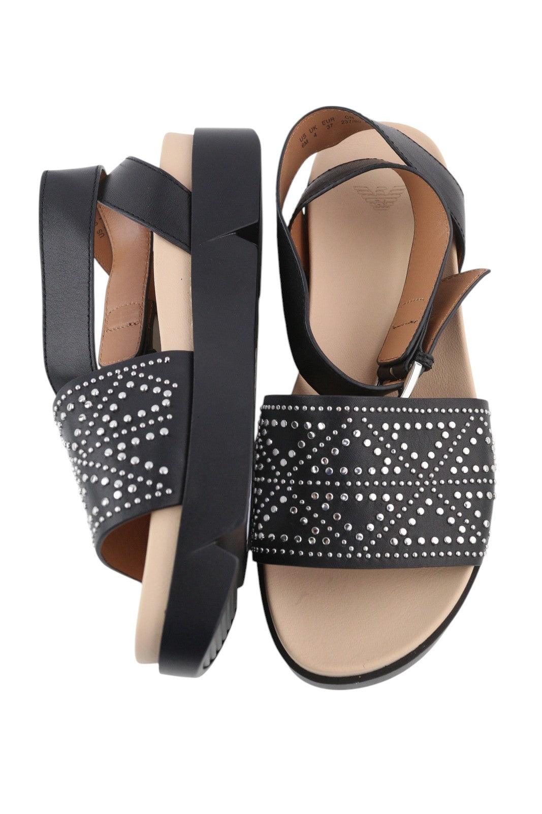 EMPORIO ARMANI X3U063 Women Sandals EU37 Black Leather Studded Details Platform