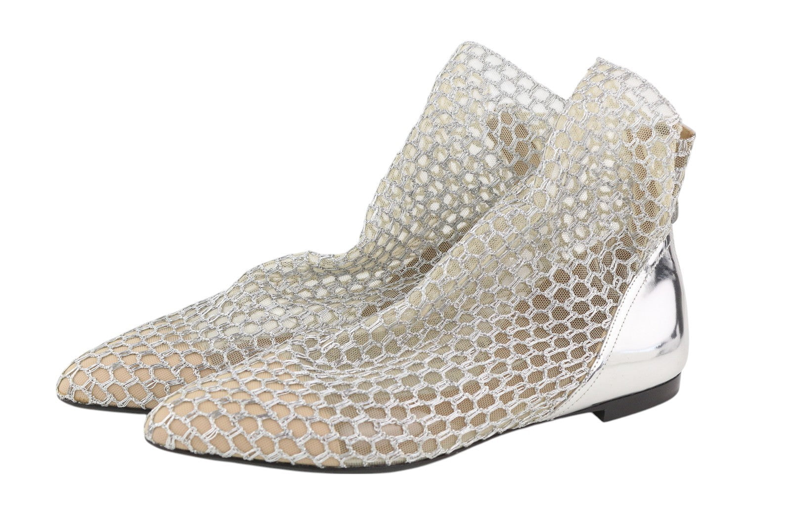 EMPORIO ARMANI X3M308 Women Shoes EU37 Silver Shiny Mesh Flats Pointed Toe Ankle