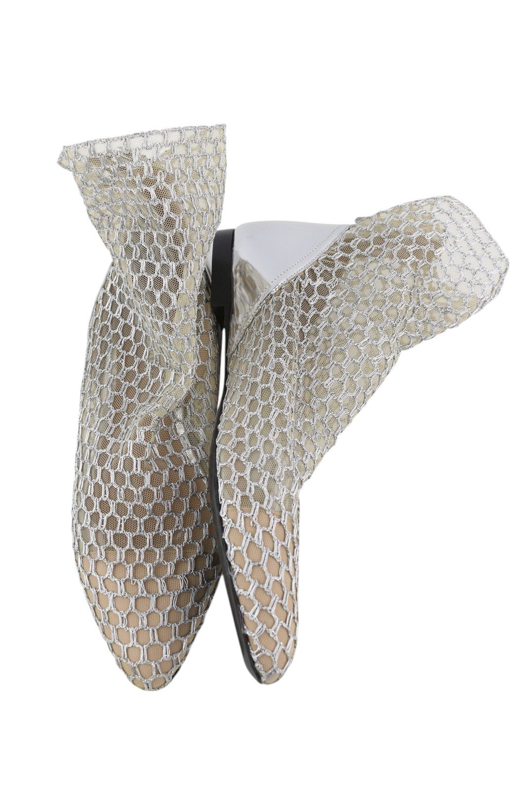 EMPORIO ARMANI X3M308 Women Shoes EU37 Silver Shiny Mesh Flats Pointed Toe Ankle