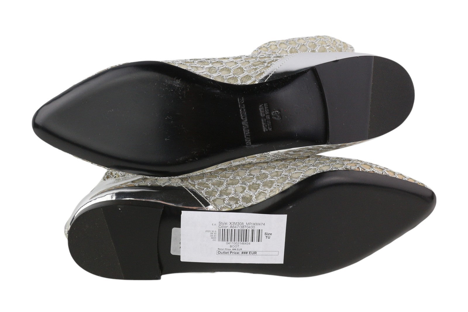 EMPORIO ARMANI X3M308 Women Shoes EU37 Silver Shiny Mesh Flats Pointed Toe Ankle