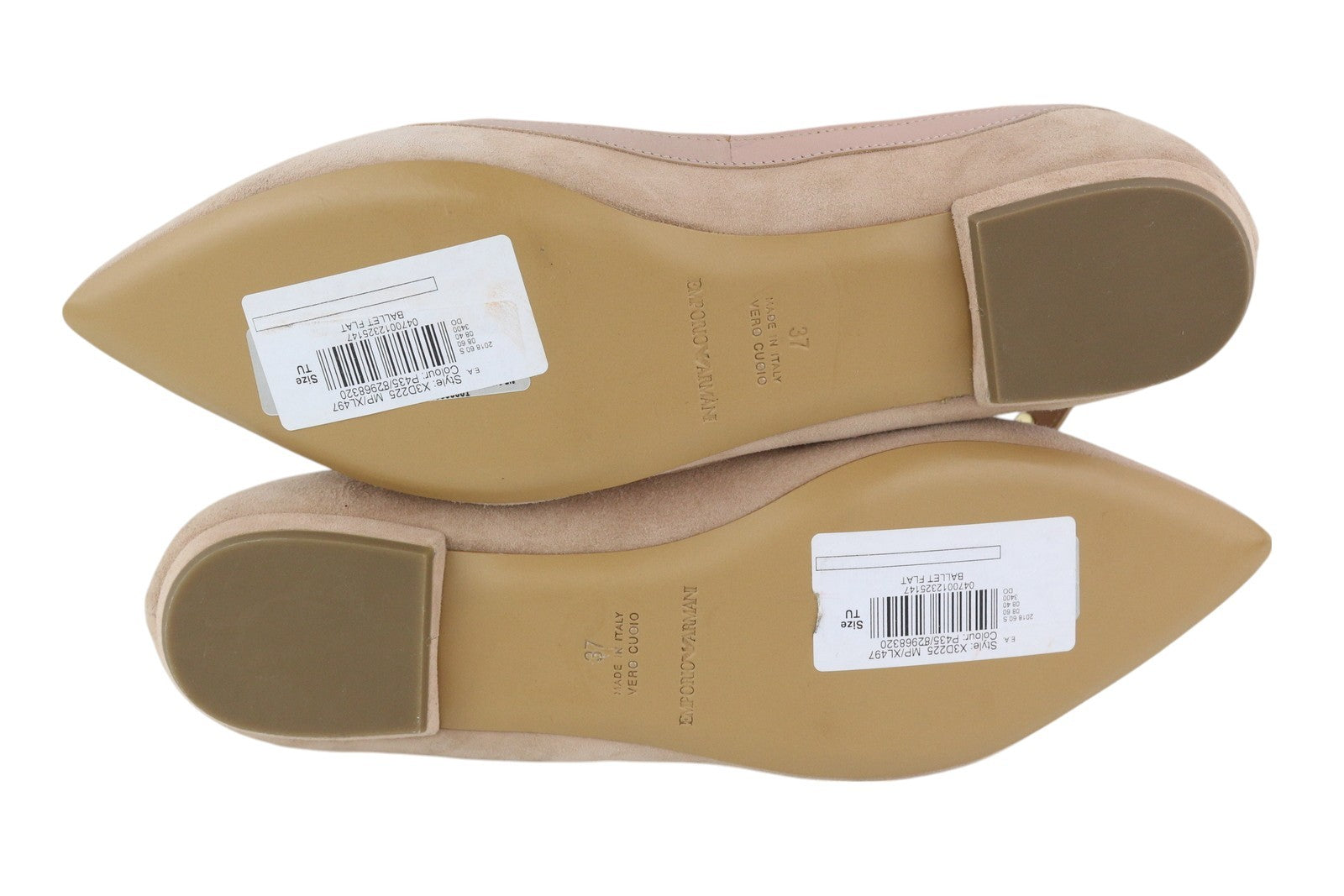 EMPORIO ARMANI X3D225 Women Flats EU37 Beige Suede Leather Pointed Toe Ballerina