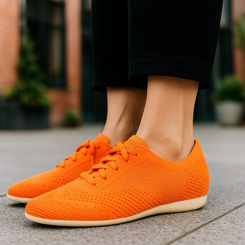 EMPORIO ARMANI X3C148 Women Sneakers EU37 Orange Low Top Lace Up Knitted Flat