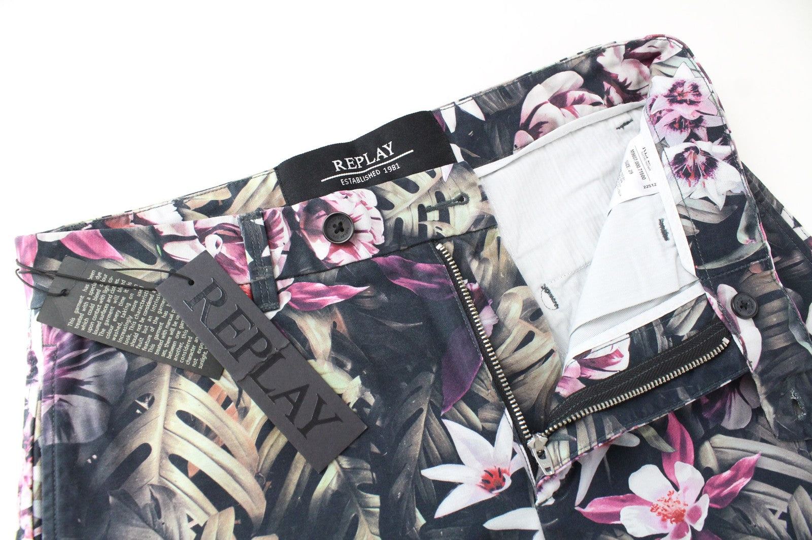 REPLAY Men's Shorts W29 Floral Black Cotton Zip Fly Non-Stretch Melange Look