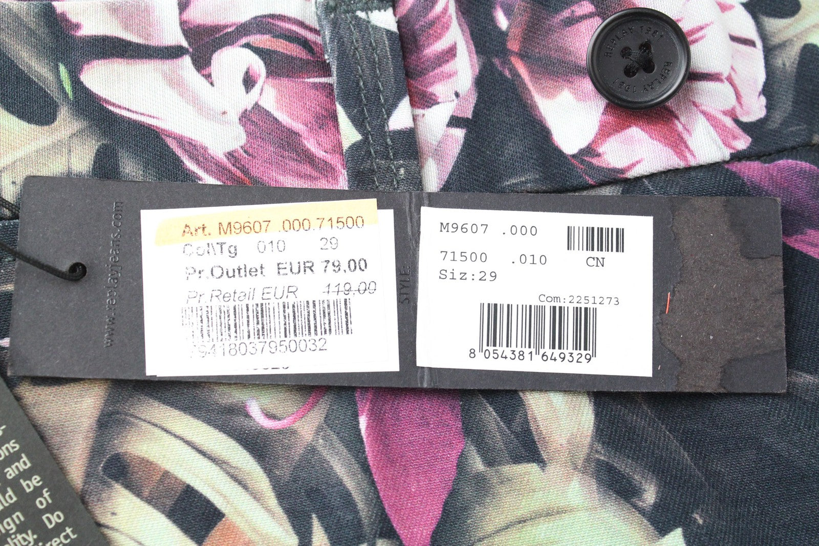 REPLAY Men's Shorts W29 Floral Black Cotton Zip Fly Non-Stretch Melange Look