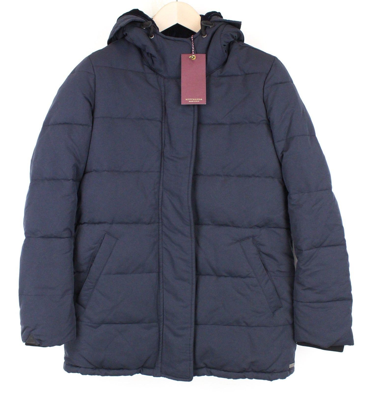 MAISON SCOTCH Women's XS Blue Quilted Faux-Fur Puffer Jacket Hooded Lined