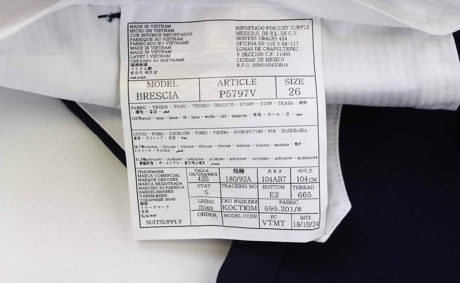 SUITSUPPLY Brescia Men's Trousers UK42S Blue Flat-Front Slim Wool Melange