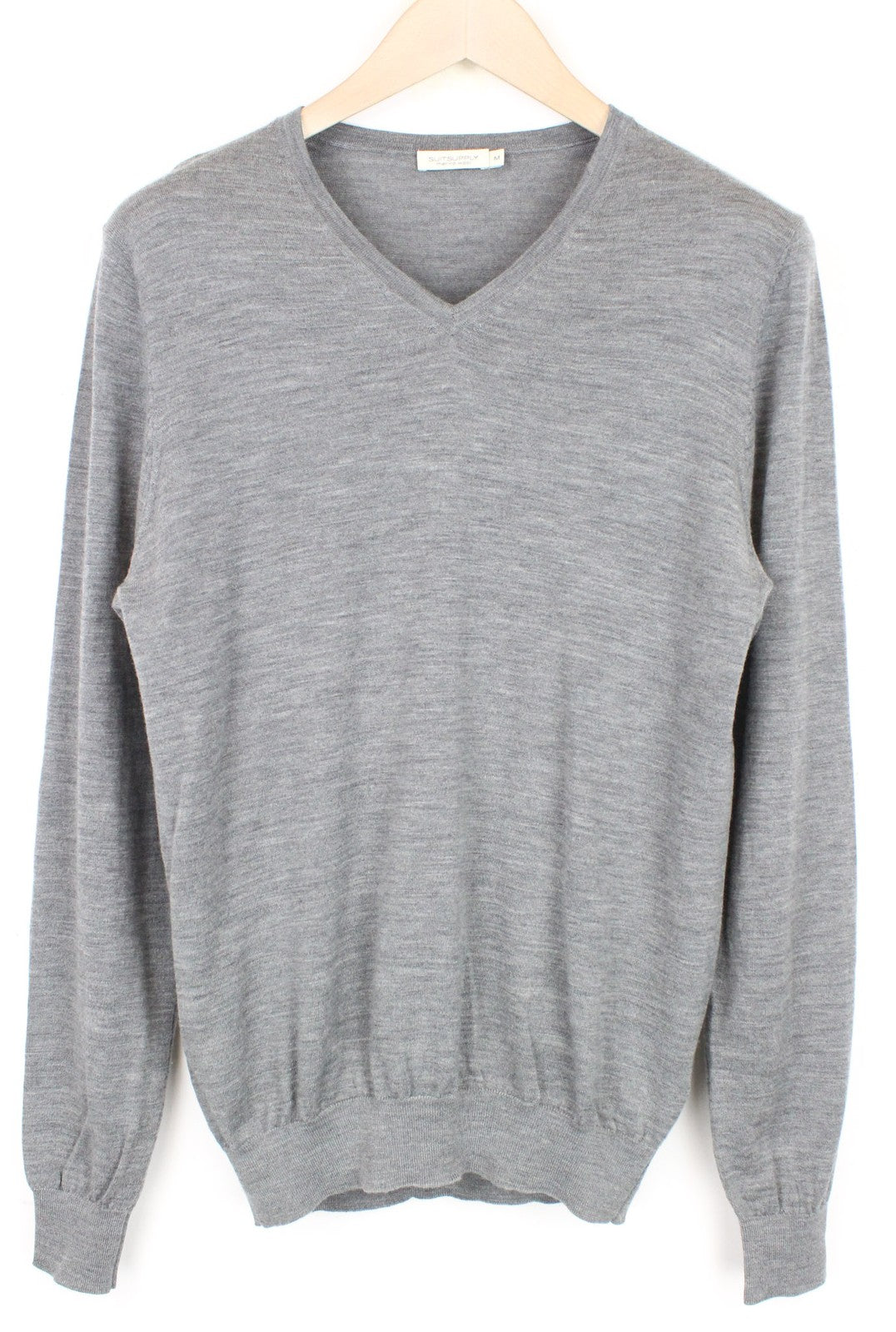 SUITSUPPLY Men's Jumper M Grey Melange Knit V-Neck Wool Slim Fit Sweater