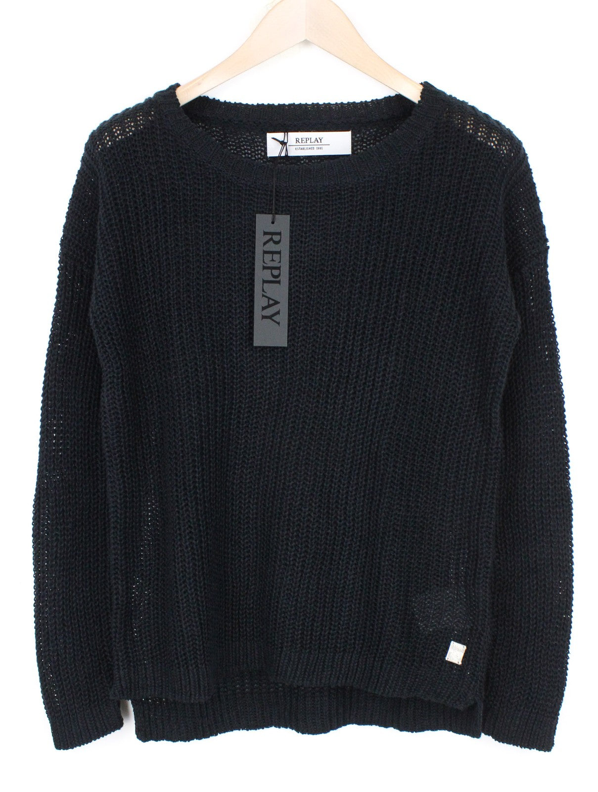 REPLAY Women's Jumper L Ribbed Chunky Crew Pure Linen Sweater Black Knitwear
