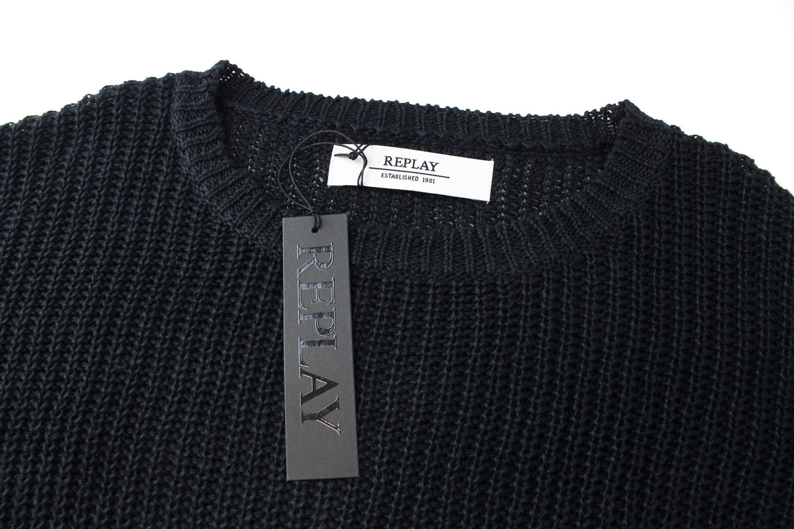 REPLAY Women's Jumper L Ribbed Chunky Crew Pure Linen Sweater Black Knitwear