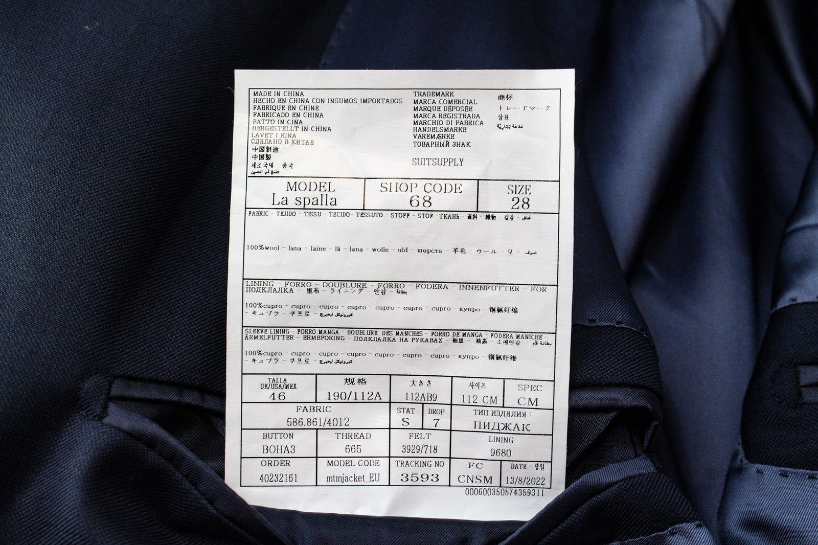 SUITSUPPLY La Spalla UK46S Men's Blue Wool Suit 2Pc Classic Single-Breasted