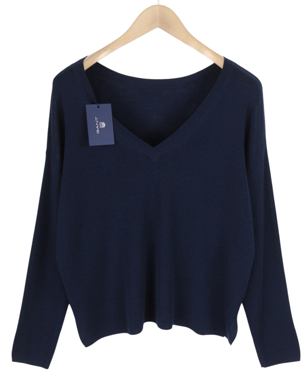 GANT V Back Fine Merino Women Jumper S Dark Blue Knitted Oversized Pullover
