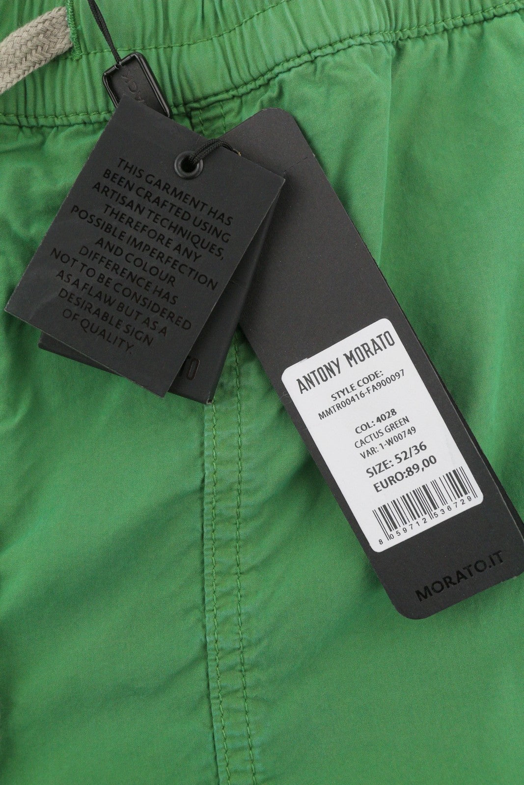 ANTONY MORATO Men Trousers W36 Green Drawstring Elastic Waist Regular Fit Logo