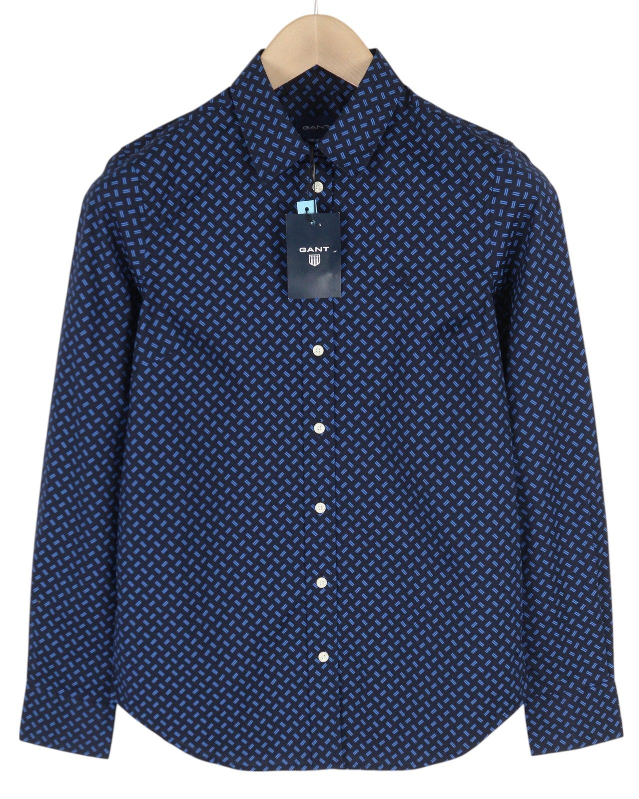 GANT Women Shirt EU34 Dark Blue Button-Up Spread Collar Patterned Logo Casual
