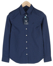 GANT Women Shirt EU34 Dark Blue Button-Up Spread Collar Patterned Logo Casual
