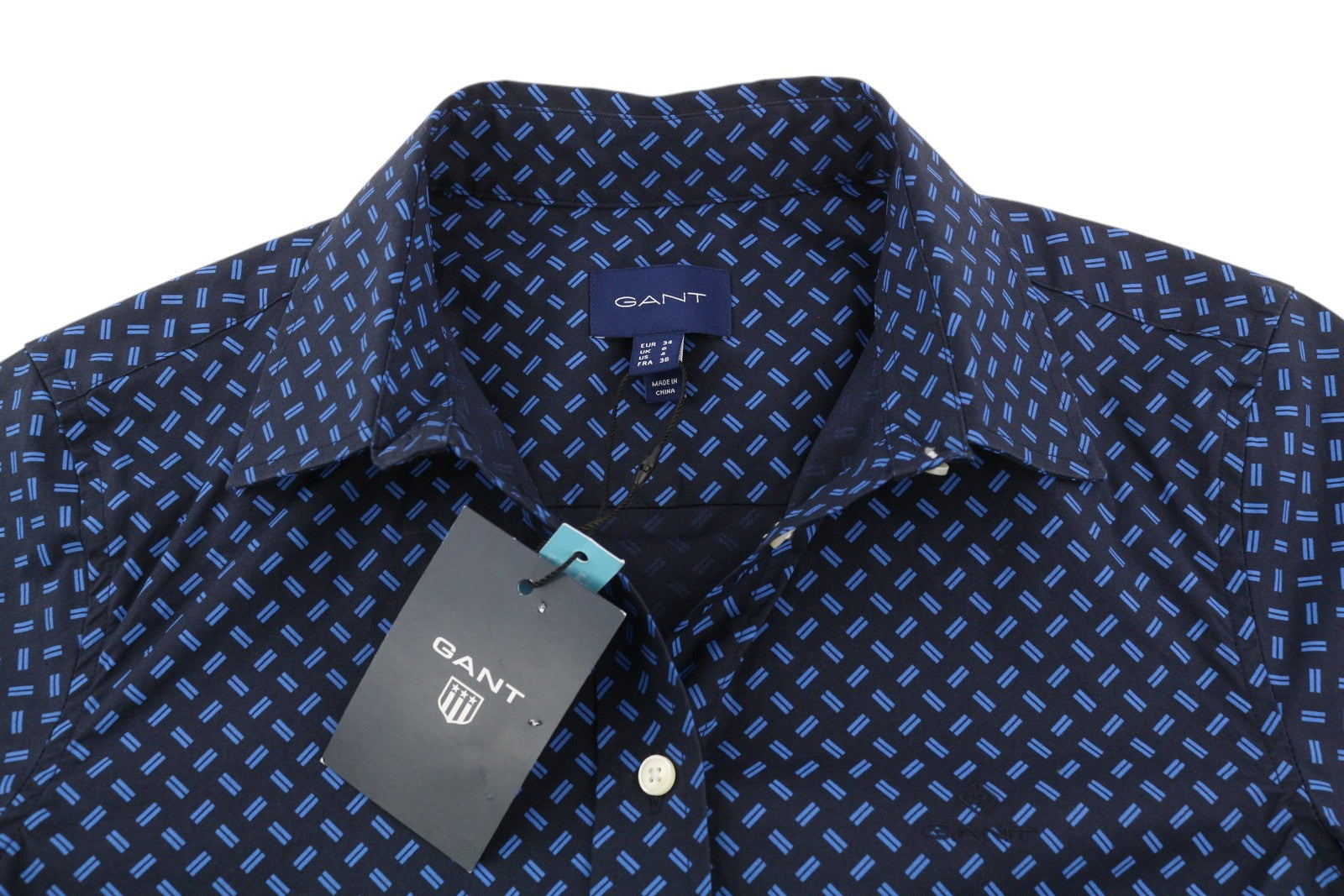 GANT Women Shirt EU34 Dark Blue Button-Up Spread Collar Patterned Logo Casual