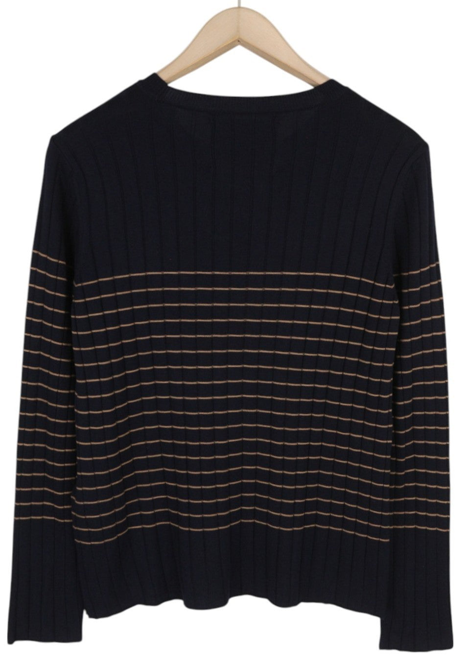 GANT Stripe Ribbed Knit Women Jumper S Dark Blue Merino Wool Silk Blend Pullover