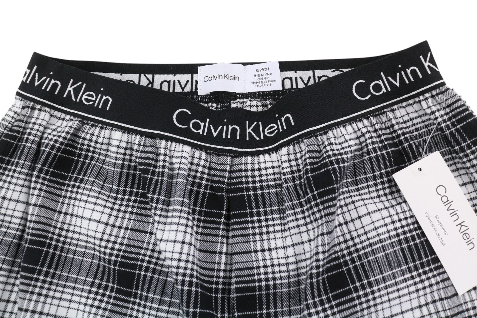 CALVIN KLEIN Shadow Plaid Men Trousers S Black Flannel Elastic Waist Sleepwear
