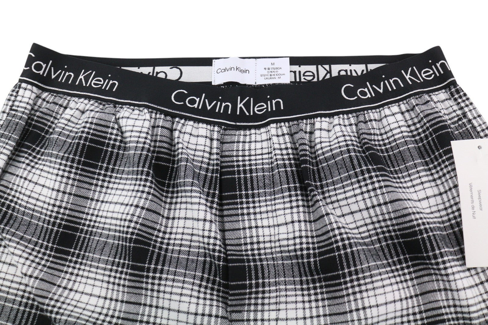 CALVIN KLEIN Shadow Plaid Men Trousers M Black Flannel Elastic Waist Sleepwear