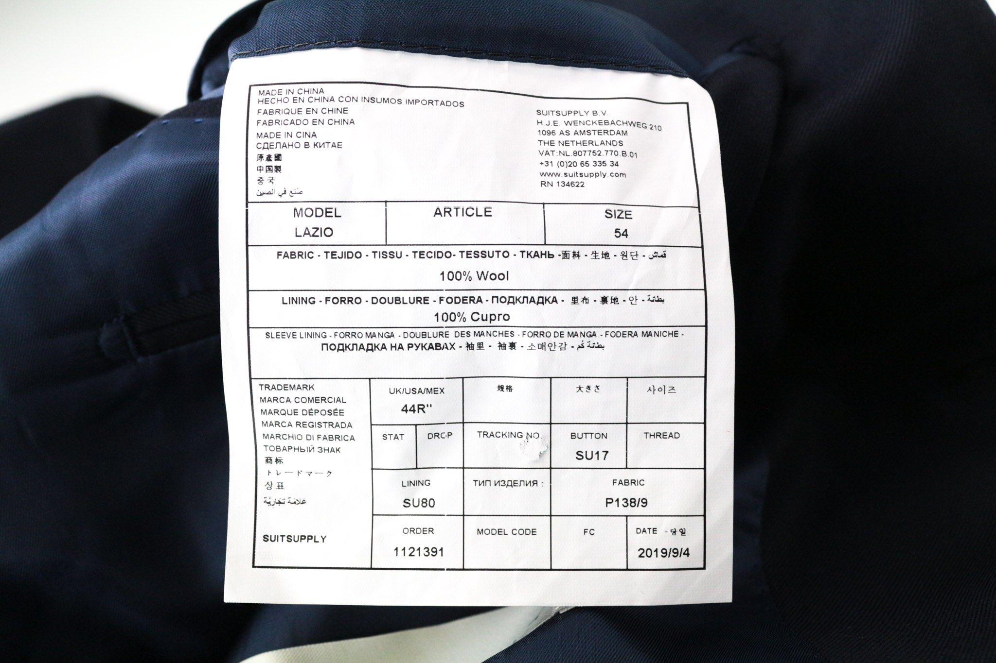 SUITSUPPLY Lazio Men's UK44R Navy 2Pc Wool Suit Slim Formal Twill