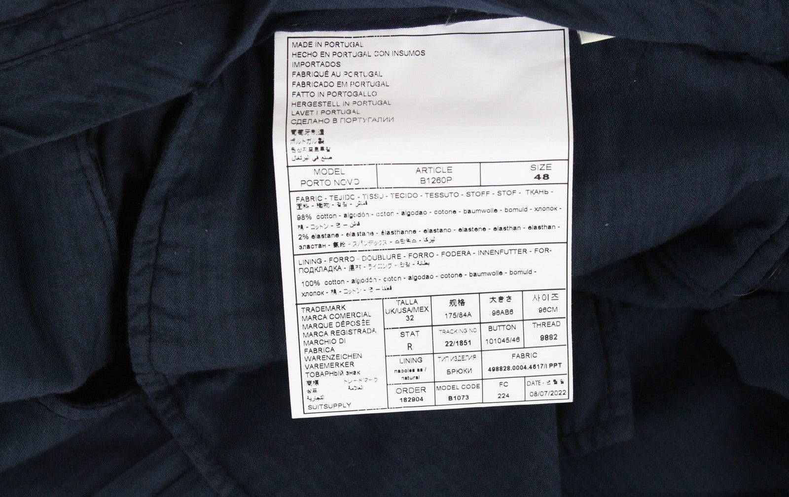 SUITSUPPLY Porto Novo Men's UK32R Navy Pleated Trousers Cotton Stretch