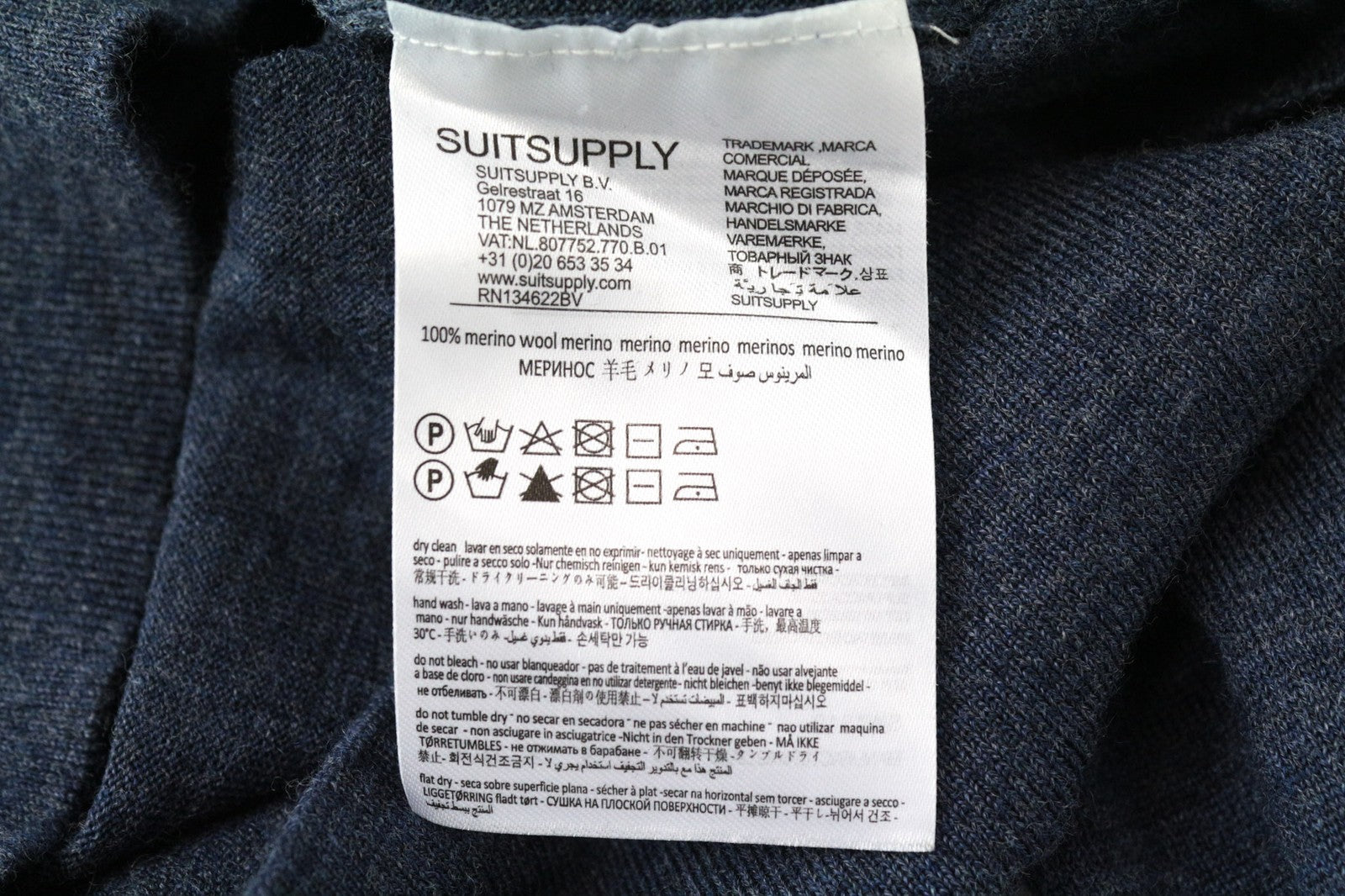 SUITSUPPLY Men's ~S Slim Blue Crew Neck Jumper Merino Wool Knit Melange