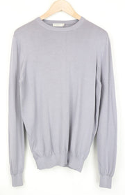 SUITSUPPLY vyriškas megztinis S dydžio alyvinės spalvos medvilnės ir šilko mišinio plonas megztinis su apvalia juostele 