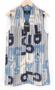 DESIGUAL Letters Women's Vest S Blue Sleeveless Cotton Blend Patterned Waistcoat