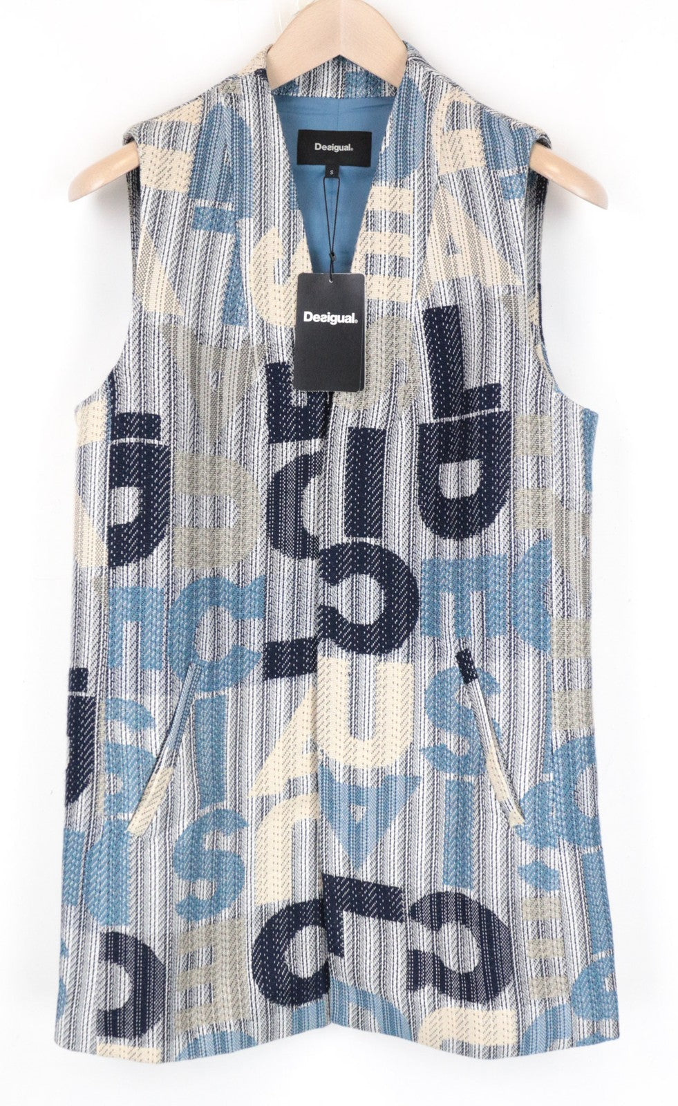 DESIGUAL Letters Women's Vest S Blue Sleeveless Cotton Blend Patterned Waistcoat